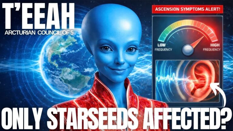 Blue Arcturian guide Teeah in front of glowing Earth and a human ear diagram with radiating sound waves and a solar flare gauge, next to bold text reading “ONLY STARSEEDS AFFECTED?” — YouTube-style thumbnail for an article on ascension ear ringing, starseeds, TMJ alignment, solar flares, Schumann spikes, and multidimensional hearing.