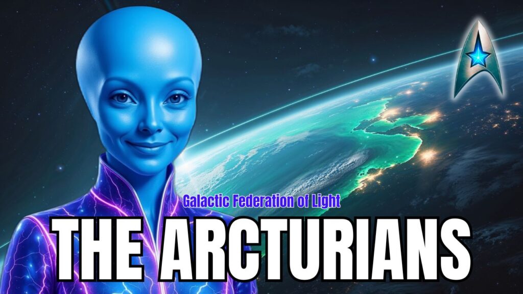 Blue-skinned Arcturian female emissary in a glowing indigo-violet energy suit, standing in space before Earth with luminous green continents, representing the Arcturians of the Galactic Federation of Light and their advanced consciousness and star wisdom.
