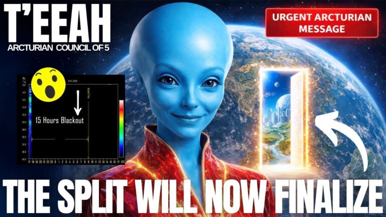 YouTube-style thumbnail for a Teeah transmission titled “The Split Will Now Finalize,” showing a blue-skinned Arcturian guide in front of Earth and a glowing doorway symbolizing the New Earth timeline split, solar flare energy and portal activation, with bold text emphasizing the finalization of the timeline divide.