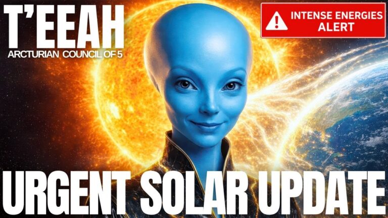 Blue-skinned Arcturian guide Teeah stands in front of a blazing solar flare and golden corona, with bold white text reading “URGENT SOLAR UPDATE,” signaling an incoming solar surge and new Sun codes tied to Dreamtime timeline convergence and galactic memory activations for Starseeds.