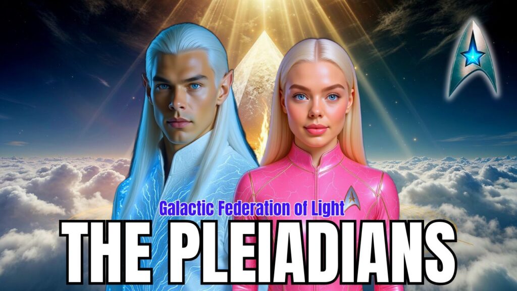 Pleiadian male and female emissaries of the Galactic Federation of Light, shown in luminous blue and pink crystalline suits above the clouds with radiant light and sacred geometry, symbolizing unity, ascension, and higher-dimensional guidance.