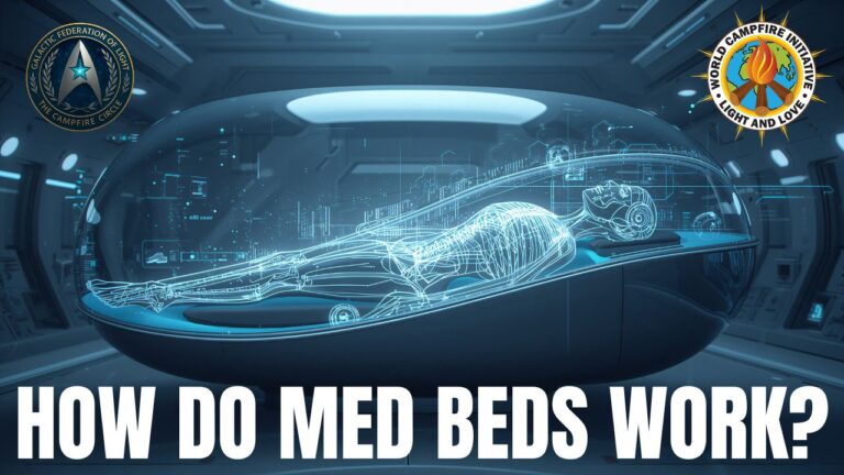A futuristic hero image showing the inside of a sleek Med Bed chamber, with a person lying on their back as a glowing holographic blueprint of their skeleton and organs is scanned in blue light, surrounded by a high-tech healing room, with Galactic Federation of Light and World Campfire Initiative emblems in the top corners and the bold title “How Do Med Beds Work?” along the bottom, illustrating blueprint scanning and quantum regeneration technology.