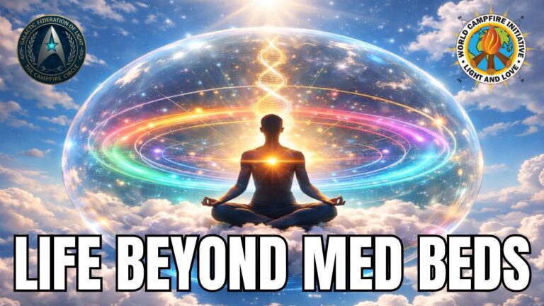 Life Beyond Med Beds graphic showing a person meditating in lotus pose on clouds beneath a luminous, transparent energy dome. A radiant heart center glows on the figure’s chest as rainbow frequency rings and light trails orbit overhead. Bright sky and sunlit atmosphere frame the scene, with the Galactic Federation of Light emblem on the left and the World Campfire Initiative Light and Love emblem on the right. Bold title text reads “LIFE BEYOND MED BEDS.”