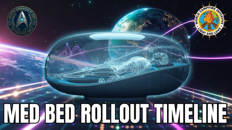 Wide cinematic space scene with Earth in the background above a neon “timeline highway” grid of glowing light lanes. A large futuristic Med Bed pod floats centrally in space, with a translucent glass dome and a blue holographic human body silhouette inside. Pink and purple light arcs sweep across the sky, suggesting timeline pathways and disclosure signals. Bold headline text at the bottom reads “MED BED ROLLOUT TIMELINE.” A Galactic Federation of Light emblem sits in the top-left corner, and a World Campfire Initiative “Light and Love” emblem sits in the top-right corner.
