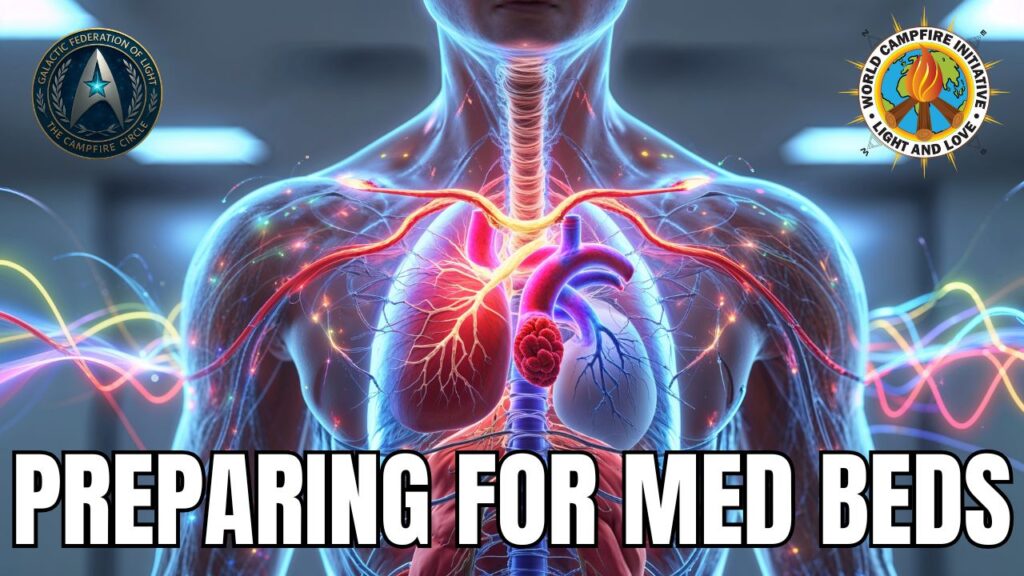 Preparing for Med Beds graphic showing a close-up translucent human torso with visible lungs, heart, arteries and nervous system lines glowing in red and blue, with energetic waveforms behind the body; Galactic Federation of Light emblem in the top left and World Campfire Initiative emblem in the top right; bold headline text reads “PREPARING FOR MED BEDS.”
