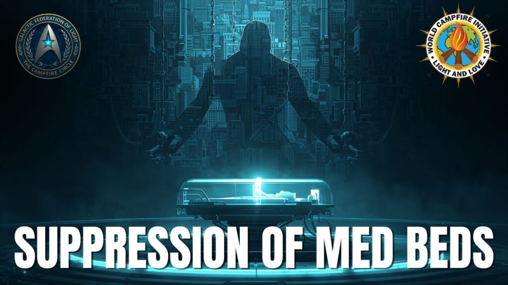 A glowing Med Bed regeneration chamber in a dark futuristic facility, with a patient lying inside and a towering shadowy puppet-master figure made of skyscrapers looming behind, symbolizing med bed suppression by corporate, financial and medical control systems; Galactic Federation of Light and World Campfire Initiative emblems in the upper corners and the title “SUPPRESSION OF MED BEDS” in bold white text along the bottom.
