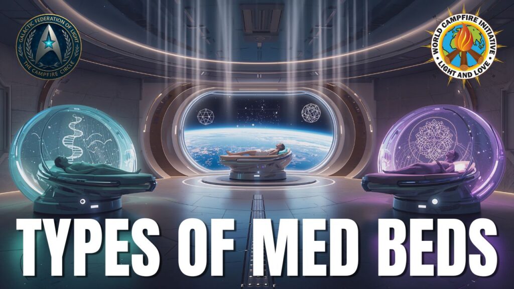 Wide hero graphic of a luminous advanced Med Bed healing chamber with three distinct Med Beds centered in a sleek, light-based sanctuary. Two circular holographic interface displays glow on the left and right, framing the scene. Bold headline text reads “TYPES OF MED BEDS” across the bottom. The Galactic Federation of Light emblem appears in the upper left, and the World Campfire Initiative emblem appears in the upper right, signaling sovereign healing, disclosure-era restoration, and blueprint-level regeneration, reconstruction, rejuvenation, and trauma integration.