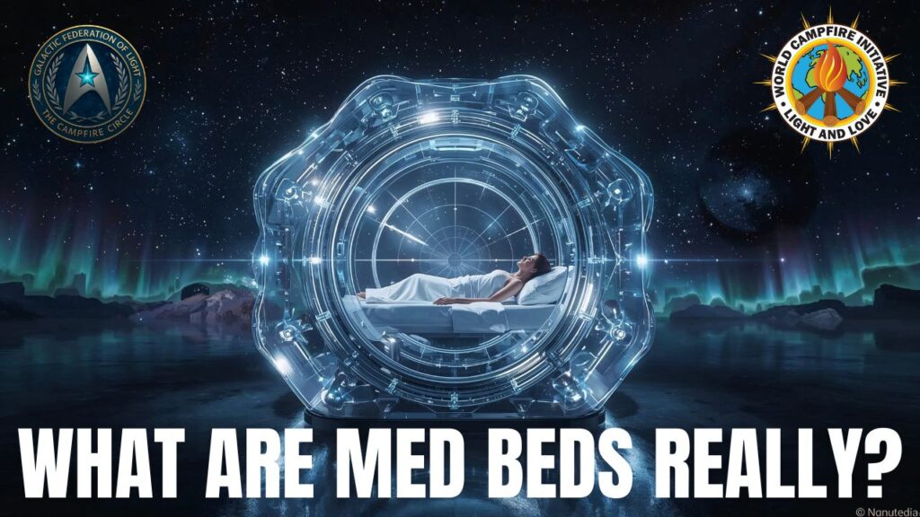 A futuristic hero image showing a person lying peacefully inside a crystalline Med Bed healing pod under a starry sky and aurora lights, with the Galactic Federation of Light and World Campfire Initiative emblems in the top corners and the bold title “What Are Med Beds Really?” across the bottom, symbolizing a plain-language guide to Med Bed blueprint restoration and regenerative healing.