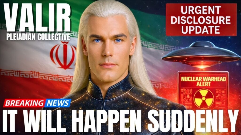 Stargate 10 Iran Abadan 7 | Galactic Federation of Light | The Campfire Circle YouTube-style thumbnail showing a stern, long-haired Nordic-style starbeing in a dark uniform in front of the Iranian flag, with a glowing red “Urgent Disclosure Update” panel, a luminous saucer craft over desert mountains, a yellow nuclear radiation symbol, and bold headline text reading “IT WILL HAPPEN SUDDENLY,” suggesting an urgent galactic disclosure message about Iran, nuclear tensions, underground bases, and a sudden shift in Earth’s awakening timeline.