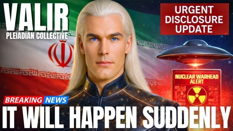 YouTube-style thumbnail showing a stern, long-haired Nordic-style starbeing in a dark uniform in front of the Iranian flag, with a glowing red “Urgent Disclosure Update” panel, a luminous saucer craft over desert mountains, a yellow nuclear radiation symbol, and bold headline text reading “IT WILL HAPPEN SUDDENLY,” suggesting an urgent galactic disclosure message about Iran, nuclear tensions, underground bases, and a sudden shift in Earth’s awakening timeline.