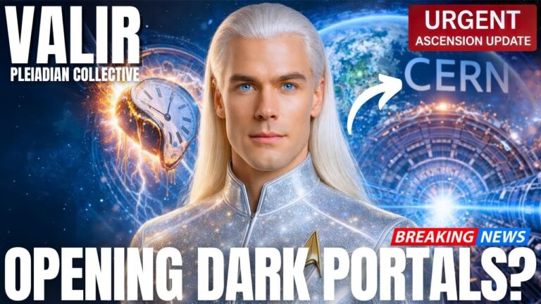 Hero graphic for a Valir Pleiadian transmission showing a silver-haired, blue-eyed star being in front of a cosmic background, the CERN collider ring, and an energy vortex, with bold headline text “OPENING DARK PORTALS?” and urgent badges about CERN, symbolizing exposed CERN portal experiments, dark portals, and timeline manipulation in a 2026 time-shift disclosure message.