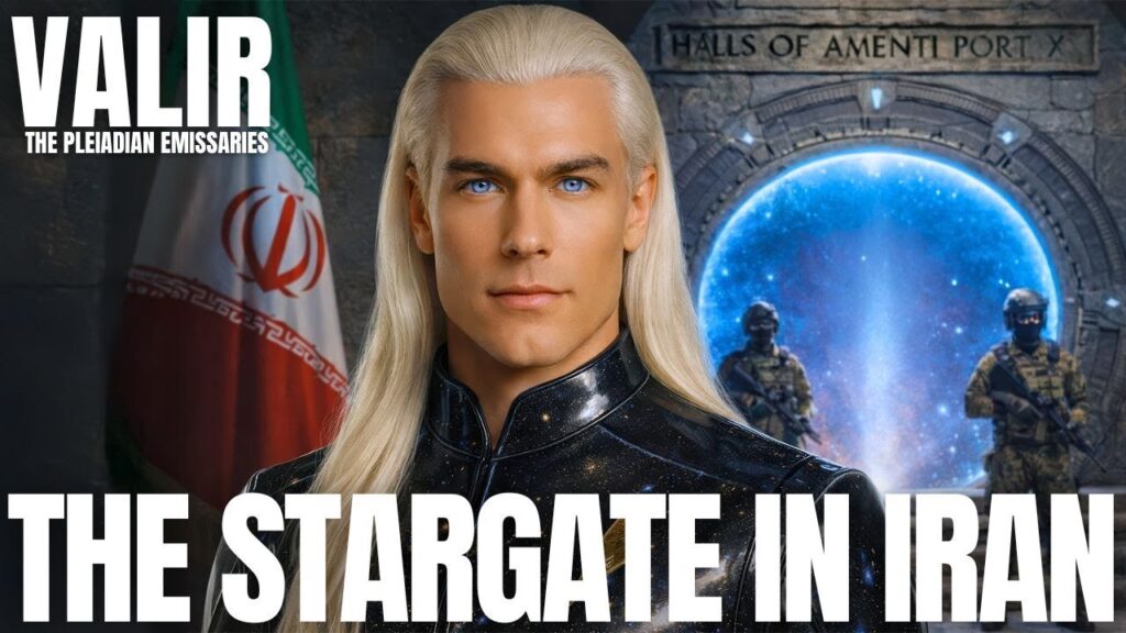 Stargate 10 Iran Abadan 6 | Galactic Federation of Light | The Campfire Circle Hero image showing a platinum-haired Pleiadian-looking emissary in a dark uniform in front of a glowing blue stargate portal, Iranian flag and desert mountains in the background, with bold text reading “VALIR – THE STARGATE IN IRAN,” symbolizing Iran’s hidden Gate 10 sovereignty nexus, Middle East portal corridor, and the off-world guardianship behind the current crisis.