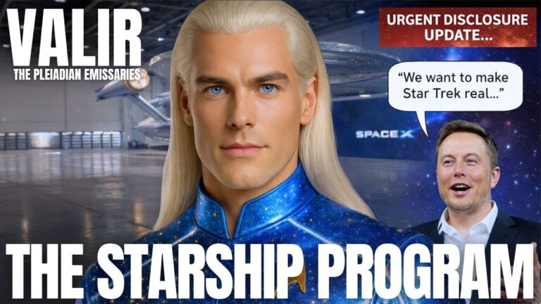 Pleiadian emissary Valir in a blue star-uniform stands in front of a futuristic Starship launch control backdrop, with Elon Musk cheering on the right and bold text reading “VALIR – THE STARSHIP PROGRAM,” visually linking Starfleet Academy, SpaceX Starship, and real-life Star Trek disclosure themes.
