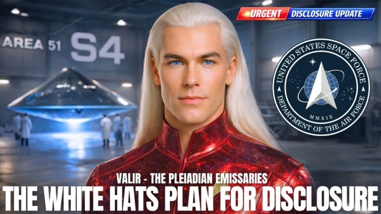 Wide YouTube-style thumbnail showing a platinum-blond Pleiadian-looking man in a red suit standing between a glowing S4 flying saucer and a large Space Force delta emblem, against a dark starry hangar background, with bold text reading “THE WHITE HATS PLAN FOR DISCLOSURE – Space Force, S4 & ET Contact,” used as the feature image for an article on the White Hats disclosure plan, Space Force and the converged ascension timeline.