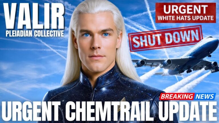 Valir, a luminous Pleiadian emissary with long white hair, stands before a blue sky streaked with chemtrail lines and military-style jets, surrounded by bold red banners reading “Urgent Chemtrail Update” and “Shut Down,” visually signaling a breaking disclosure about SkyTrails, geoengineering bans, white hat whistleblowers, and the quiet shutdown of covert weather modification programs.