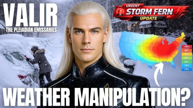 Valir-Weather-Manipulation.jpg – YouTube thumbnail-style graphic featuring Valir, a silver-haired Pleiadian emissary in a dark starseed-style uniform, standing in the foreground with a serious, focused expression. Behind him, a dramatic Winter Storm Fern scene unfolds: swirling storm clouds, heavy snow and wind, and a colorized weather map of the United States showing intense bands of cold and precipitation in bright red, yellow, green, and blue. At the top right, a bold banner reads “Winter Storm Fern Update,” while across the bottom the headline “WEATHER MANIPULATION?” explodes in large, attention-grabbing letters. The overall design suggests a Galactic Federation transmission about weather warfare fears, engineered storm narratives, Greenland secrecy, and how to investigate potential climate or weather modification without panic, inviting viewers into a calm, sovereign, starseed-oriented breakdown of Winter Storm Fern and alleged geoengineering tools.