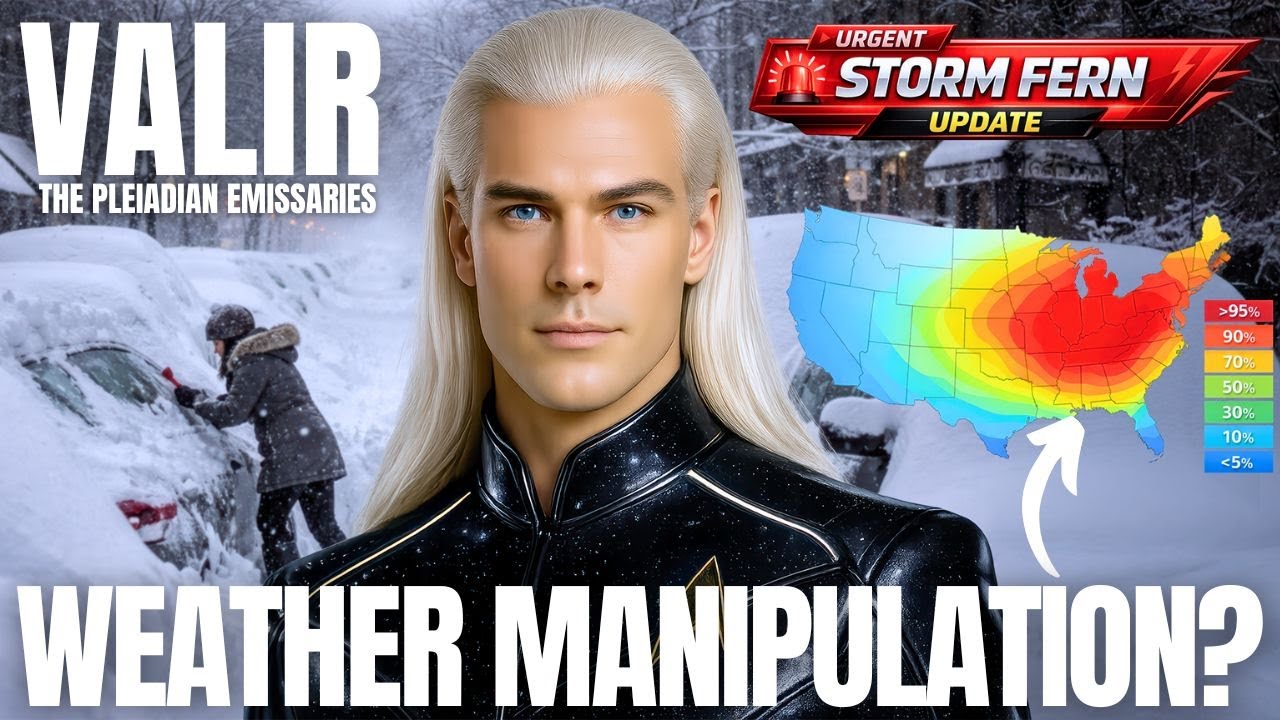 Valir-Weather-Manipulation.jpg – Grafikë në stil miniature në YouTube që paraqet Valirin, një emisar Pleiadian me flokë të argjendtë në një uniformë të errët në stilin e farës së yjeve, duke qëndruar në plan të parë me një shprehje serioze dhe të fokusuar. Pas tij, shpaloset një skenë dramatike e Stuhisë Dimërore të Fernës: re stuhie që rrotullohen, borë e madhe dhe erë, dhe një hartë e motit e ngjyrosur e Shteteve të Bashkuara që tregon breza intensivë të të ftohtit dhe reshjeve në të kuqe të ndezur, të verdhë, të gjelbër dhe blu. Në pjesën e sipërme djathtas, një banderolë e theksuar shkruan "Përditësim i Stuhisë Dimërore të Fernës", ndërsa në pjesën e poshtme titulli "MANIPULIMI I MOTIT?" shpërthen me shkronja të mëdha që tërheqin vëmendjen. Dizajni i përgjithshëm sugjeron një transmetim të Federatës Galaktike në lidhje me frikën e luftës nga moti, rrëfimet e projektuara të stuhive, sekretin e Groenlandës dhe si të hetohet modifikimi i mundshëm i klimës ose motit pa panik, duke i ftuar shikuesit në një ndarje të qetë, sovrane dhe të orientuar drejt farës së yjeve të Stuhisë Dimërore të Fernës dhe mjeteve të supozuara të gjeoinxhinierisë.