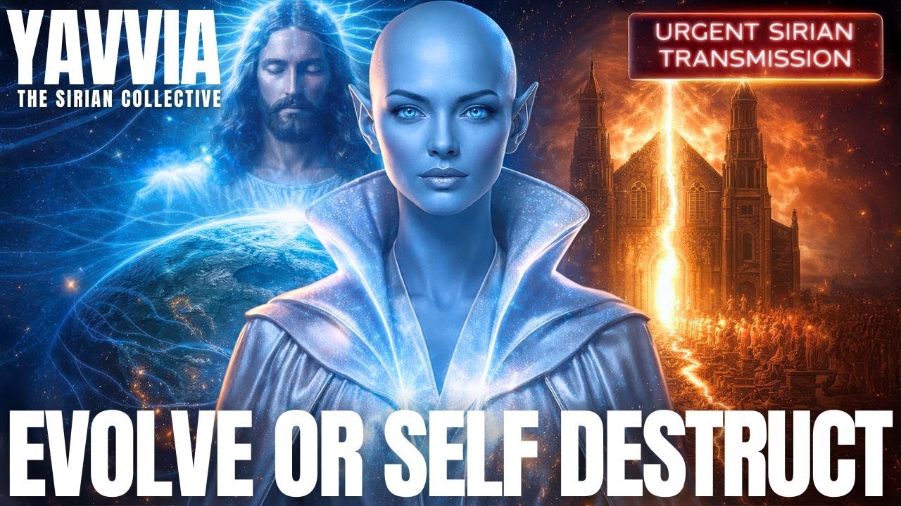 Kinematografska grafika u stilu sličice koja prikazuje svjetlucavu zvijezdu plave kože u futurističkom ogrtaču koja stoji između blistave Kristove figure i gorućeg zlatnog hrama, s riječima "EVOLVIRAJ ILI SAMOUNISTIČI" podebljanim slovima, simbolizirajući ljudski izbor da prihvati Kristovu svijest bez religije ili da se sruši u strah, za članak o generaciji Z koja okončava duhovno djelovanje i postaje samoupravna generacija mosta.