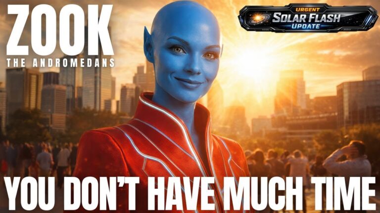 Cinematic hero image of blue-skinned Andromedan emissary Zook in a red suit standing before a glowing golden city skyline and intense solar flare, with bold text reading “YOU DON’T HAVE MUCH TIME,” used for the “Solar Flash Ascension Blueprint – Andromedan Guide to Stillness, Solar Light Codes and Living Meditation” transmission on GalacticFederation.ca