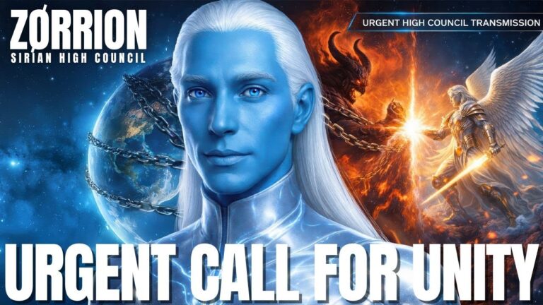 Blue Sirian starseed guide standing before Earth and a fiery cosmic battlefield, with the words “Urgent Call For Unity,” symbolizing starseeds ending matrix control through inner liberation, unity consciousness and New Earth galactic stewardship.