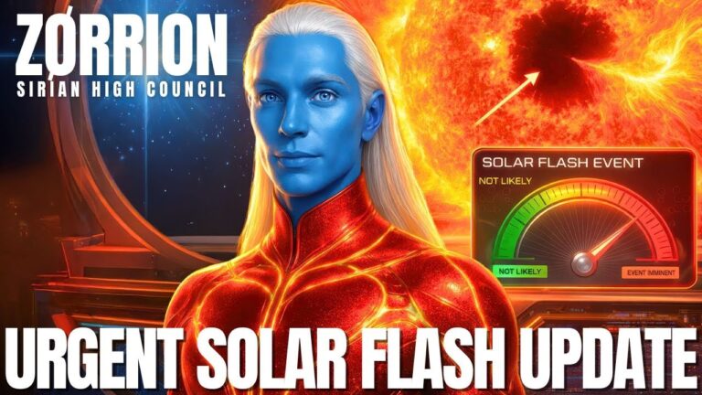 A bright YouTube-style thumbnail featuring a blue-skinned Sirian being in an orange-gold light body in front of the Sun, solar flares, and a danger gauge, with bold text reading “Zorrion – Urgent Solar Flash Update,” symbolizing a powerful solar maximum equinox transmission about incoming Sun codes, April event window probabilities, and timeline splits for starseeds anchoring New Earth.