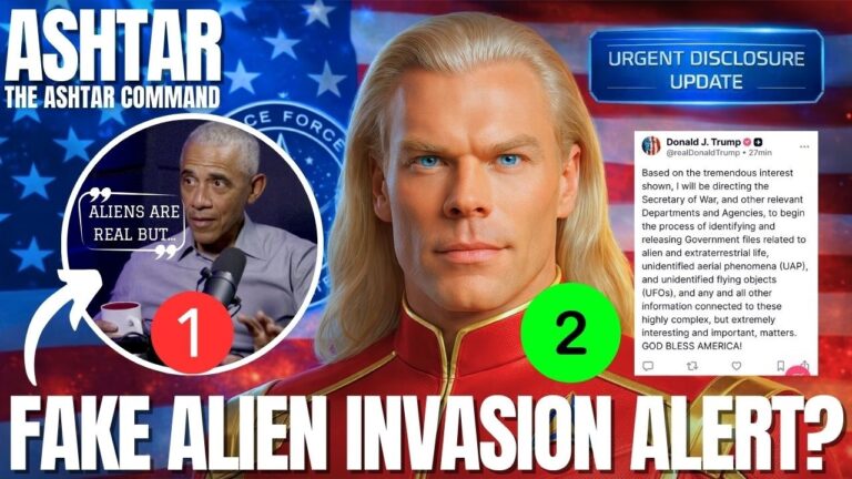 YouTube-style thumbnail for an article titled “Project Blue Beam Alert: Fake Alien Invasion Imminent, Epstein Files Erupting, And How To Stay Sovereign In A Weaponized Disclosure Storm,” featuring a close-up of a tall, blond, long-haired Ashtar figure in a red uniform against a blue and red cosmic background, an inset of a suited human official speaking on a screen, a visible page of text on the right, and bold caption text reading “FAKE ALIEN INVASION ALERT?” designed to grab attention about a staged ET threat narrative. Summary (300–350 words, wrapped in paragraph tags):