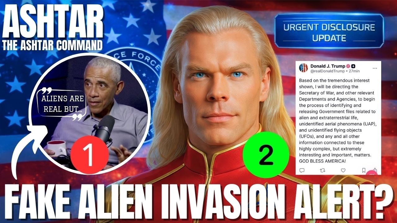 YouTube-style thumbnail for an article titled “Project Blue Beam Alert: Fake Alien Invasion Imminent, Epstein Files Erupting, And How To Stay Sovereign In A Weaponized Disclosure Storm,” featuring a close-up of a tall, blond, long-haired Ashtar figure in a red uniform against a blue and red cosmic background, an inset of a suited human official speaking on a screen, a visible page of text on the right, and bold caption text reading “FAKE ALIEN INVASION ALERT?” designed to grab attention about a staged ET threat narrative. Summary (300–350 words, wrapped in paragraph tags):