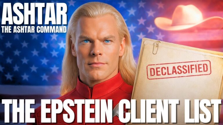 Portrait-style banner showing Ashtar, a blonde, stern-faced Galactic commander in a red uniform, standing before a glowing blue cosmos and a stylized American flag. Beside him is a manila folder stamped “DECLASSIFIED” with bold headline text reading “THE EPSTEIN CLIENT LIST.” The image visually links the Epstein files disclosure, hidden elites, and Galactic Federation guidance about corruption, control grids, and the first major breach in the global secrecy system.