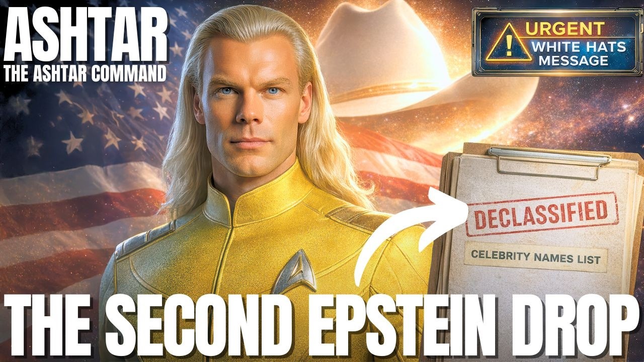 Ashtar stands in a golden suit against a luminous cosmic background, with planets, stars, and soft flares of light behind him, while bold white text reads “THE SECOND EPSTEIN DROP” and an EBS-style warning badge glows in the upper right corner, visually signaling an urgent yet calm Galactic Federation message about the second Epstein files drop, weaponized disclosure, and how to stay grounded, discerning, and protective of innocence.