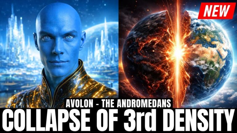 A bold YouTube-style thumbnail showing a luminous blue Andromedan being in a golden suit on the left and a cracked, burning Earth on the right, split by a glowing energy rift, with the headline “Collapse of 3rd Density” across the bottom and a small red “NEW” tag at the top corner, visually teasing Avolon’s message on the Law of Acceleration, solar flares, and the fast-tracked shift into New Earth frequency for starseeds.
