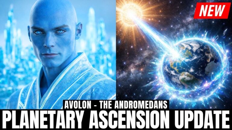 A cinematic blue-toned thumbnail split into two panels: on the left, a serene, bald Andromedan star being in a luminous futuristic city of crystalline light; on the right, a dramatic space scene of Earth struck by a swirling beam of cosmic energy, with a bright “NEW” badge in the top corner. Bold white text along the bottom reads “PLANETARY ASCENSION UPDATE,” signalling a powerful galactic transmission about current ascension energies and Earth’s spiritual upgrade.