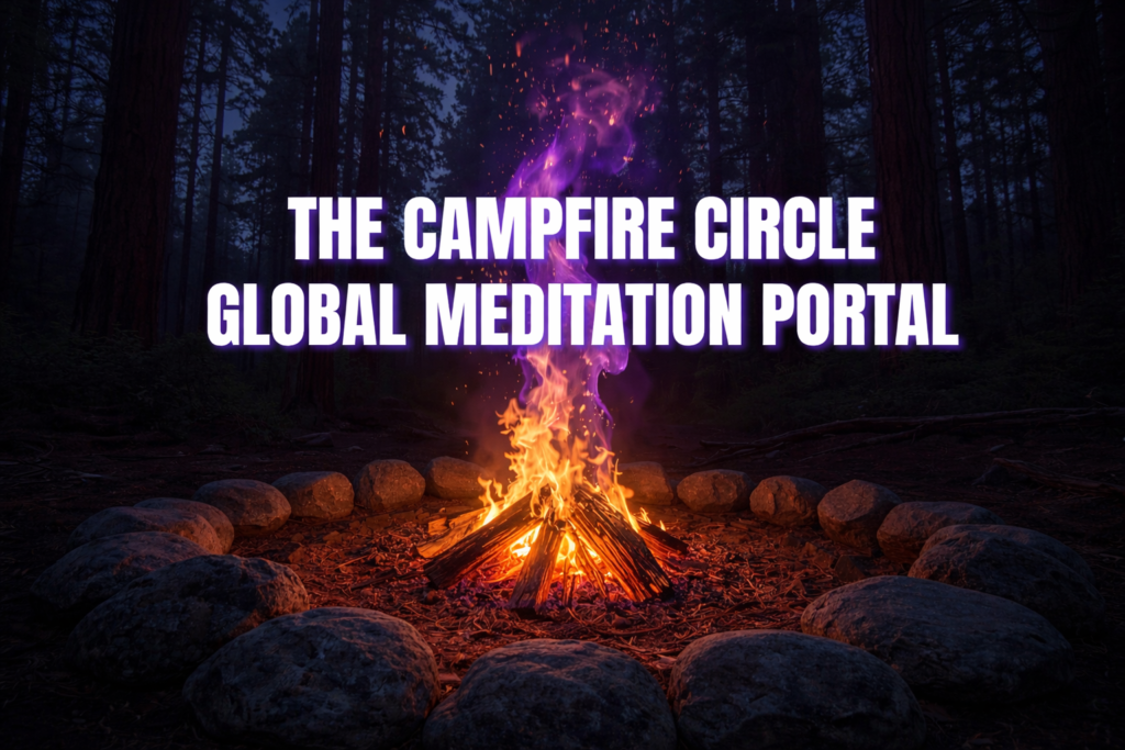 The Campfire Circle Global Meditation 5 | Galactic Federation of Light | The Campfire Circle Rich alt text: Wide 16:9 banner for The Campfire Circle Global Meditation Portal showing a glowing campfire inside a ring of smooth stones in a dark pine forest at night, with orange flames and embers rising into a vivid purple flame-plume above. Large bold white text with a soft purple glow reads “THE CAMPFIRE CIRCLE” and “GLOBAL MEDITATION PORTAL,” creating a mystical, welcoming invitation to join the Campfire Circle global mass meditation and synchronized group meditation initiative.