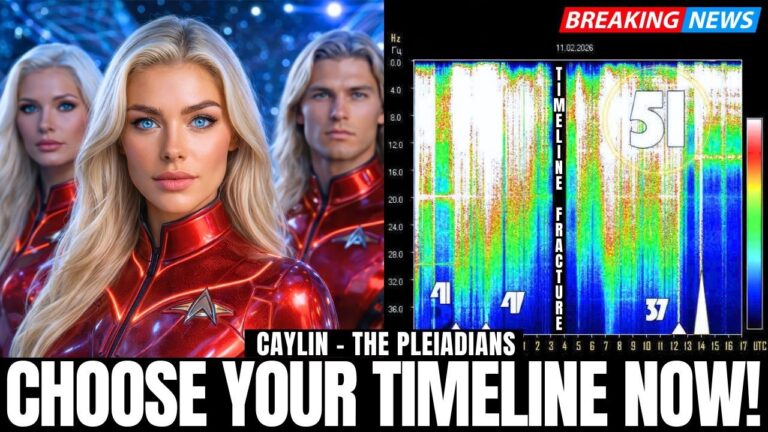 A vivid YouTube-style thumbnail showing three luminous, human-looking Pleiadian beings in red suits against a starry blue backdrop on the left, and bright multi-colored Schumann resonance spectrogram panels on the right. Bold white headline text across the bottom reads “CHOOSE YOUR TIMELINE NOW!” with a smaller banner suggesting breaking space-weather news. The image promotes a transmission about Schumann “blackouts,” timeline forks, and choosing a sovereign New Earth reality through personal authorship and energetic literacy.