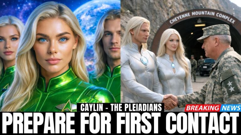 A cinematic YouTube-style thumbnail for a Pleiadian first contact message showing a luminous blonde starseed woman in a glowing green suit against a blue cosmic background, flanked by two serious-looking galactic beings, beside a scene of tall Nordic-looking Pleiadians in white robes meeting respectfully with Earth military officers, all overlaid with bold white headline text that reads “PREPARE FOR FIRST CONTACT,” conveying an urgent yet hopeful call to get ready for DNA awakening, sacred geometry activation and the New Earth timeline.