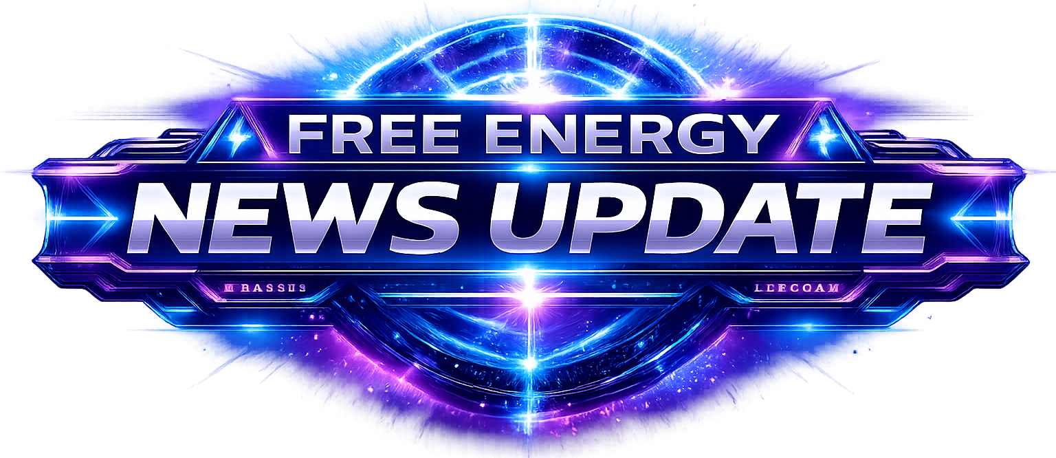 Free Energy & Zero-Point Energy 12 | Galactic Federation of Light | The Campfire Circle Free Energy News Update sci-fi banner logo featuring bold “FREE ENERGY” and “NEWS UPDATE” metallic typography, electric blue and purple neon glow, chrome frame accents, and a radiant plasma energy core on a transparent background.