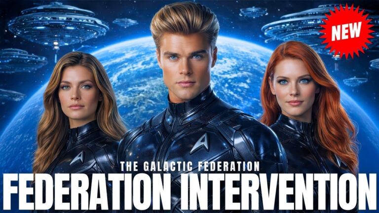 Federation Intervention thumbnail showing three Galactic Federation emissaries in dark star suits standing before a glowing blue Earth, with fleets of UFO light ships in the sky and bold text reading “Federation Intervention,” representing a channeled transmission about UFOs at the nuclear brink, how extraterrestrial guardians quietly stopped nuclear missile launches, redirected tests, inspected storage sites and sealed Earth’s nuclear threshold.