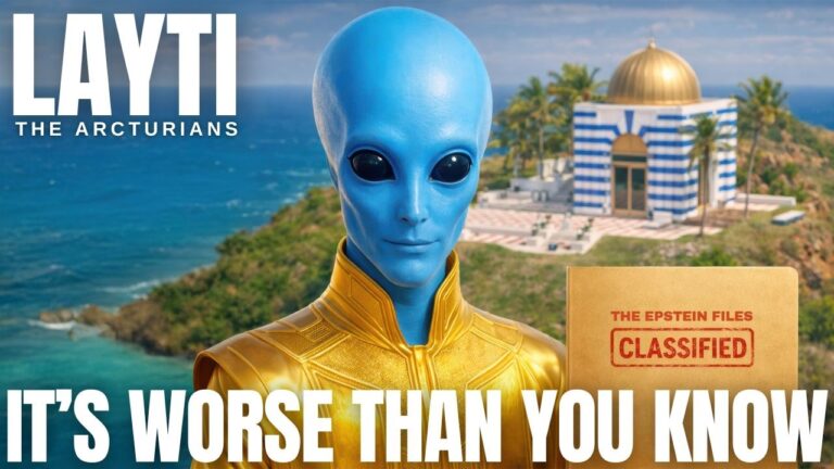 Blue-skinned Arcturian being Layti in a golden suit stands on a lush ocean cliff with Epstein’s striped blue-and-white temple in the background and a tan folder labeled “THE EPSTEIN FILES – CLASSIFIED” in the foreground, with bold white text across the bottom reading “IT’S WORSE THAN YOU KNOW,” emphasizing a galactic warning about the Epstein files, hidden abuse networks, and disclosure.