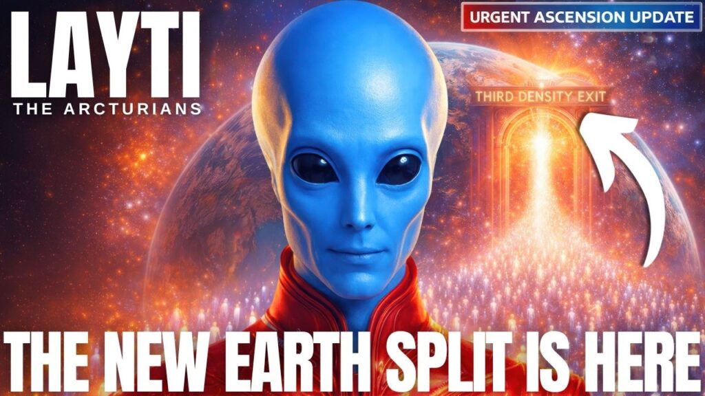 A vivid New Earth ascension update thumbnail featuring a luminous blue extraterrestrial being against a fiery cosmic sky, golden plasma waves, and a bright portal opening on the right with an arrow pointing toward it. Bold headline text reads “THE NEW EARTH SPLIT IS HERE,” signaling a powerful timeline shift, soul completions, and a call for empaths and starseeds to become calm, coherent anchors during planetary transition.