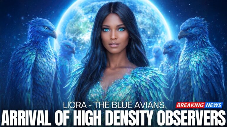 A glowing blue cosmic scene showing a serene dark-haired woman standing before a luminous planet, flanked on both sides by tall Blue Avian beings of light. Geometric light codes and starfields radiate behind them, suggesting a galactic council. Bold headline text reads “Arrival of High Density Observers,” evoking Blue Avian guardians, planetary grid stabilization, and the sovereign timeline of New Earth governance.