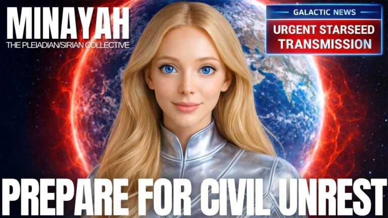 Blonde Pleiadian woman in a silver star suit stands in front of a glowing red-and-blue Earth, encircled by solar flares, with bold white text reading “PREPARE FOR CIVIL UNREST,” used as the hero graphic for a Galactic Federation transmission on forgiveness, weaponized disclosure, civil unrest and shifting into New Earth timelines.