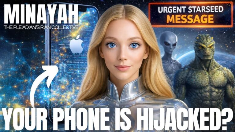 A YouTube-style thumbnail showing a blonde, blue-eyed galactic guide in silver armor in front of a star-filled cosmic background, with a shadowy reptilian figure and digital phone graphics behind her. Bold text reads “MINAYAH” and “YOUR PHONE IS HIJACKED?” with a red badge saying “Urgent Starseed Message,” visually suggesting that starseeds’ devices and attention are being hijacked by the end-times media theatre.