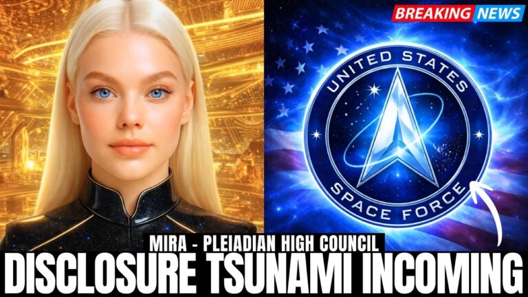 Blonde starseed woman and Galactic Federation emblem with the words “Disclosure Tsunami Incoming,” symbolizing ET disclosure coming thick and fast, Star Trek real, Epstein files fallout, and humanity’s role in first contact.