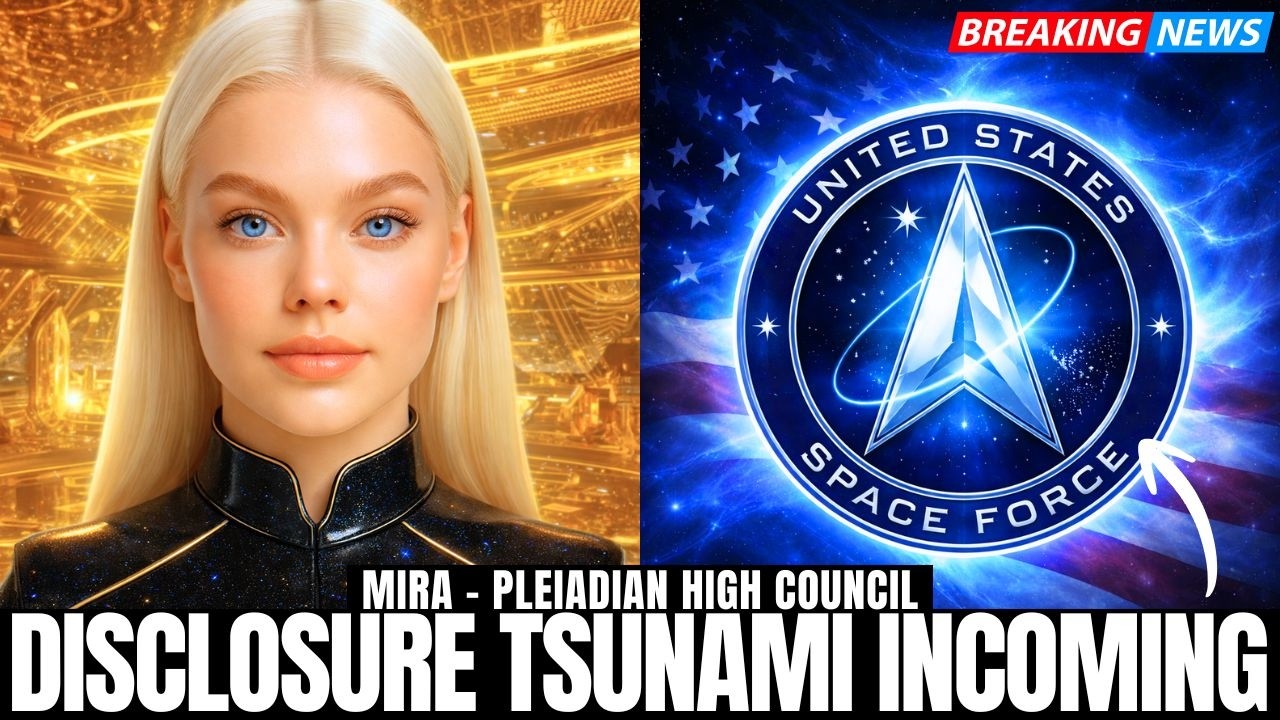Blonde starseed woman and Galactic Federation emblem with the words “Disclosure Tsunami Incoming,” symbolizing ET disclosure coming thick and fast, Star Trek real, Epstein files fallout, and humanity’s role in first contact.