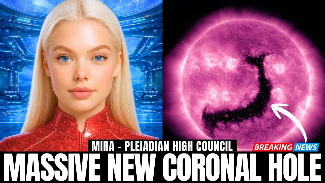 Portrait-style hero graphic for a Solar Gate / Ring of Fire eclipse article showing a blonde Pleiadian emissary in a red uniform on the left and a vivid magenta image of the Sun on the right with a large hook-shaped coronal hole. Bold white text reads “MASSIVE NEW CORONAL HOLE,” signaling a solar weather and New Earth timelines update for starseeds.