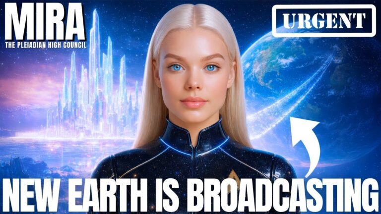 Blonde Pleiadian woman in a dark star-uniform stands before luminous crystal cities and a glowing blue planet, with bold text reading “New Earth Is Broadcasting” and “Urgent,” symbolizing a New Earth broadcast signal activating starseed leaders, galactic contact, and the crystal city blueprint for humanity’s ascension.