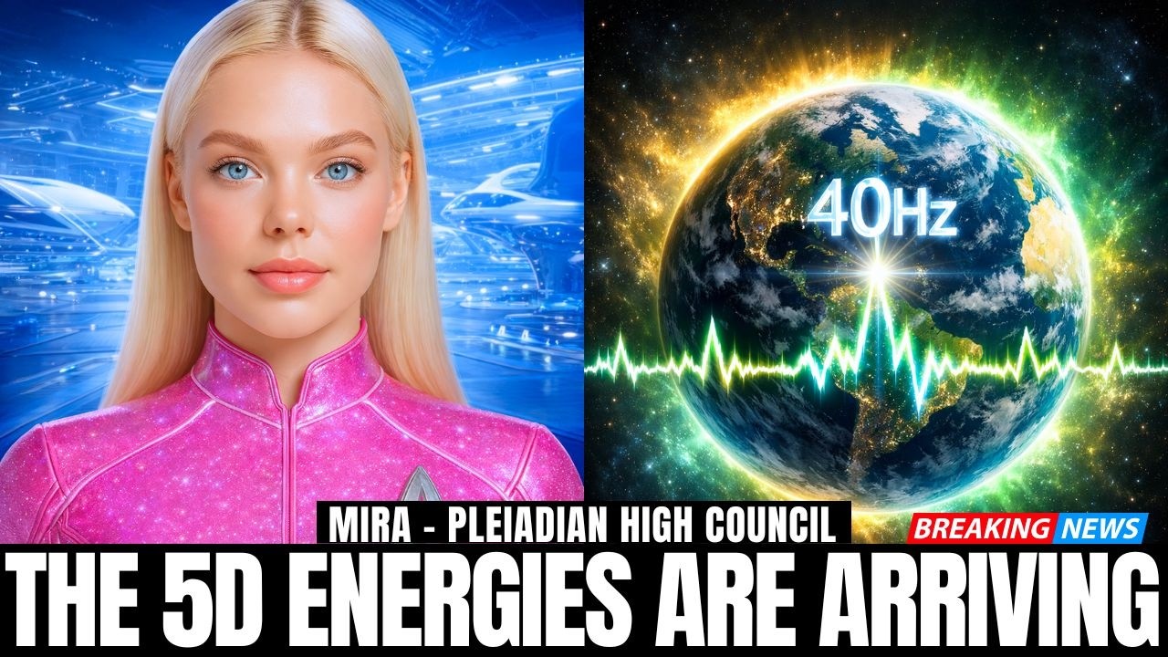 A YouTube-style thumbnail split in two: on the left, a luminous blonde female Pleiadian guide in a bright pink suit stands before a blue starlit sky; on the right, a glowing Earth is wrapped in emerald and gold light waves with “40 Hz” above a Schumann resonance graph and the bold caption “THE 5D ENERGIES ARE ARRIVING,” visualizing incoming 5D frequencies, solar codes, and the All Hands on Deck for Starseeds activation message.