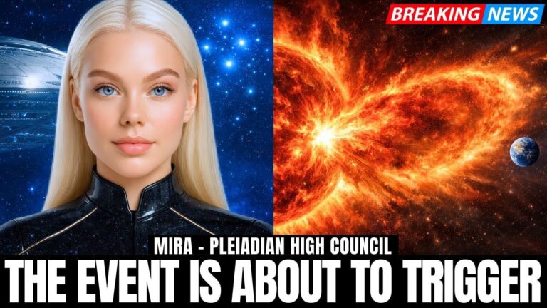 Galactic Federation style thumbnail for an ascension update titled “The Event Is About To Trigger,” showing a realistic blonde star-being in a dark suit on the left against a deep starfield, and a massive fiery solar eruption on the right, with bold white text along the bottom reading “THE EVENT IS ABOUT TO TRIGGER,” visually emphasizing an urgent solar event, DNA activation, and timeline-shift message for starseeds and lightworkers.