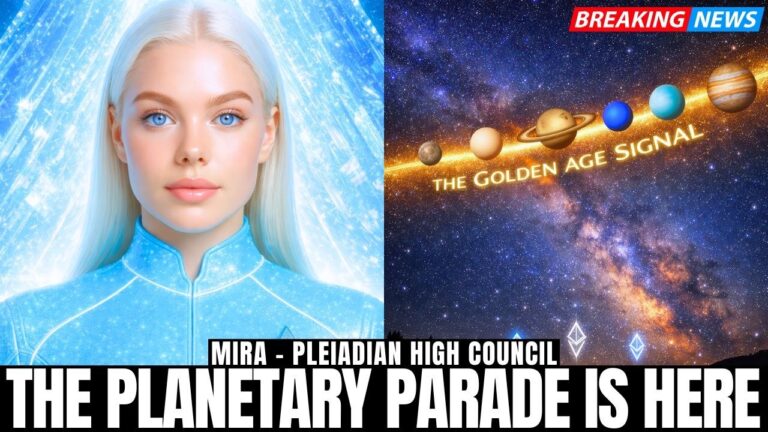 Blue-toned split graphic showing a luminous, white-haired Pleiadian star being on the left and a glowing planetary parade arcing across the Milky Way on the right, with bold text reading “THE PLANETARY PARADE IS HERE,” promoting a New Earth Crystalline Corridor message about the planetary parade, eclipse upgrades and Golden Age ascension guidance for starseeds and lightworkers.