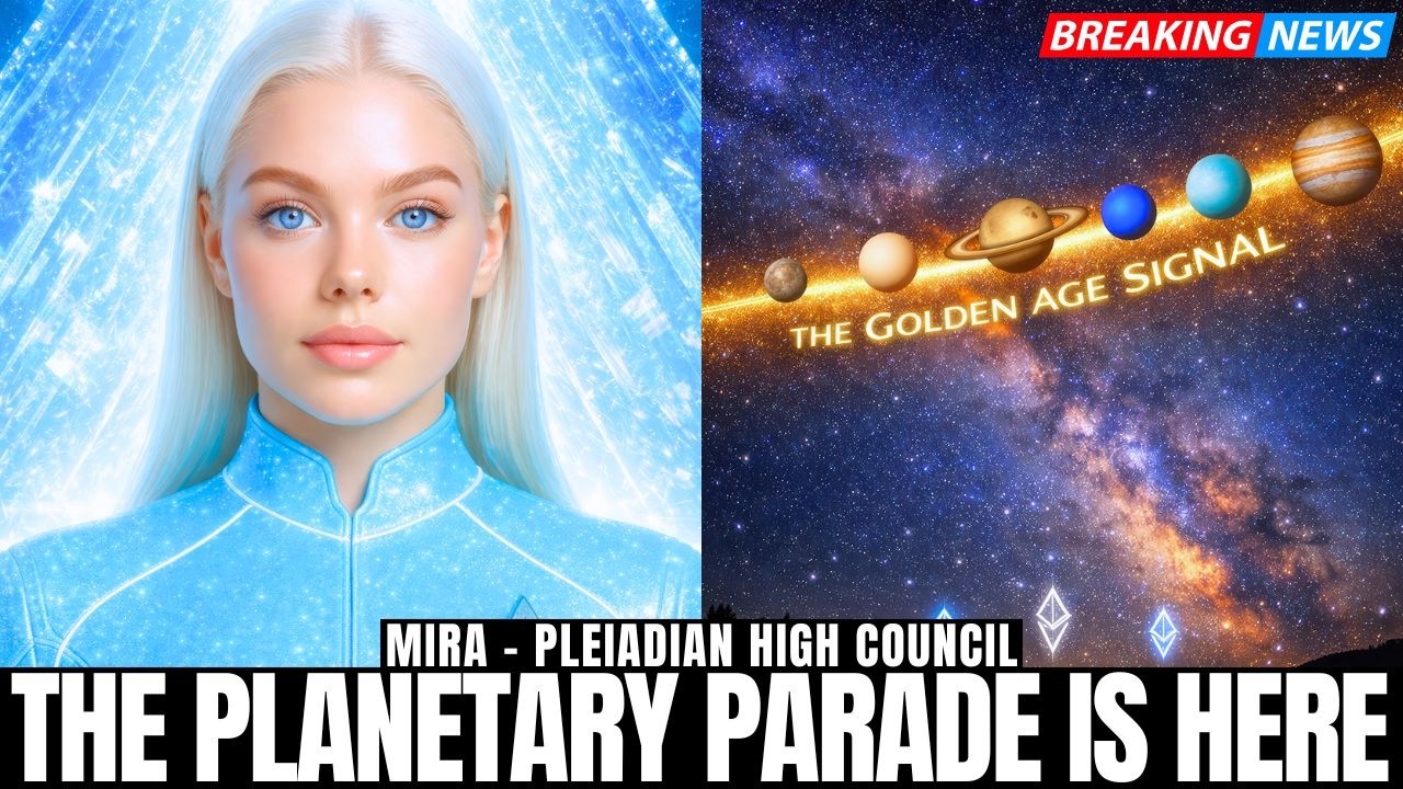 Blue-toned split graphic showing a luminous, white-haired Pleiadian star being on the left and a glowing planetary parade arcing across the Milky Way on the right, with bold text reading “THE PLANETARY PARADE IS HERE,” promoting a New Earth Crystalline Corridor message about the planetary parade, eclipse upgrades and Golden Age ascension guidance for starseeds and lightworkers.