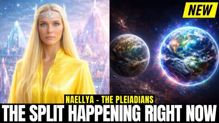 A split-screen cosmic graphic illustrating the current Unity Consciousness activation, featuring a luminous golden-robed feminine light emissary on the left and two diverging Earth timelines on the right. One Earth appears surrounded by intensified electric blue and violet energy fields, symbolizing heart-coherent awakening, unity consciousness, and collective synchronization, while the other appears dimmer and more fragmented, representing separation-based timelines. The image visually conveys an active planetary bifurcation occurring during heightened solar storm activity, where geomagnetic events act as catalysts for nervous system recalibration, heart field amplification, and collective awareness shifts. The bold headline text “THE SPLIT HAPPENING RIGHT NOW” reinforces the urgency of the current awakening window, emphasizing timeline choice, resonance alignment, and the transition from separation consciousness into unity-based perception. The overall aesthetic blends galactic symbolism, solar activation themes, and human consciousness evolution, reflecting the emergence of a new collective awakening timeline driven by coherence, compassion, and embodied unity.